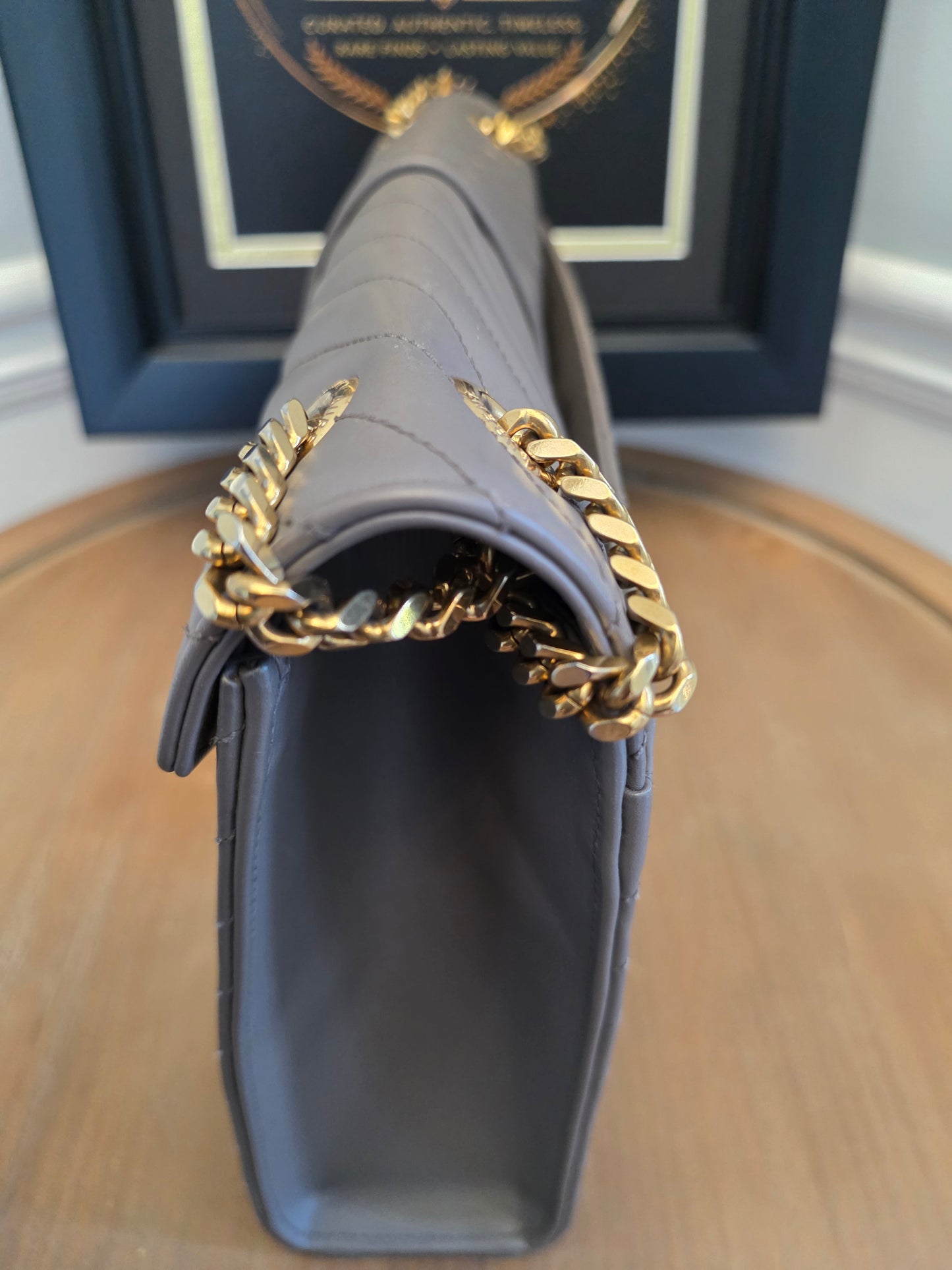 Saint Laurent Large Envelope Chain Shoulder Bag Grey Chevron Quilted Leather Gold Hardware Authentic