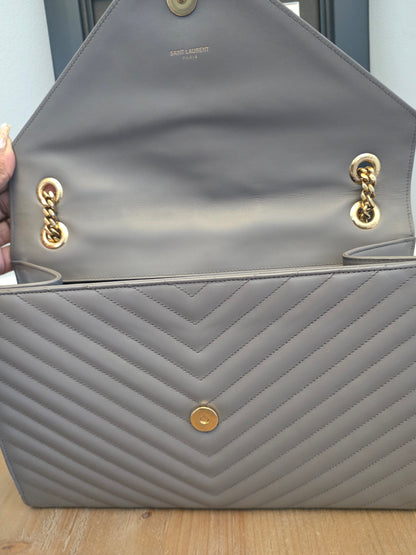 Saint Laurent Large Envelope Chain Shoulder Bag Grey Chevron Quilted Leather Gold Hardware Authentic