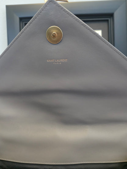 Saint Laurent Large Envelope Chain Shoulder Bag Grey Chevron Quilted Leather Gold Hardware Authentic