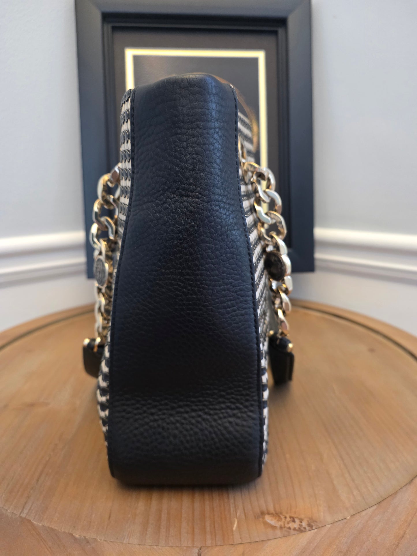Authentic BVLGARI Black & White Woven Leather Chain Tote | Made in Italy | Luxury Shoulder Bag