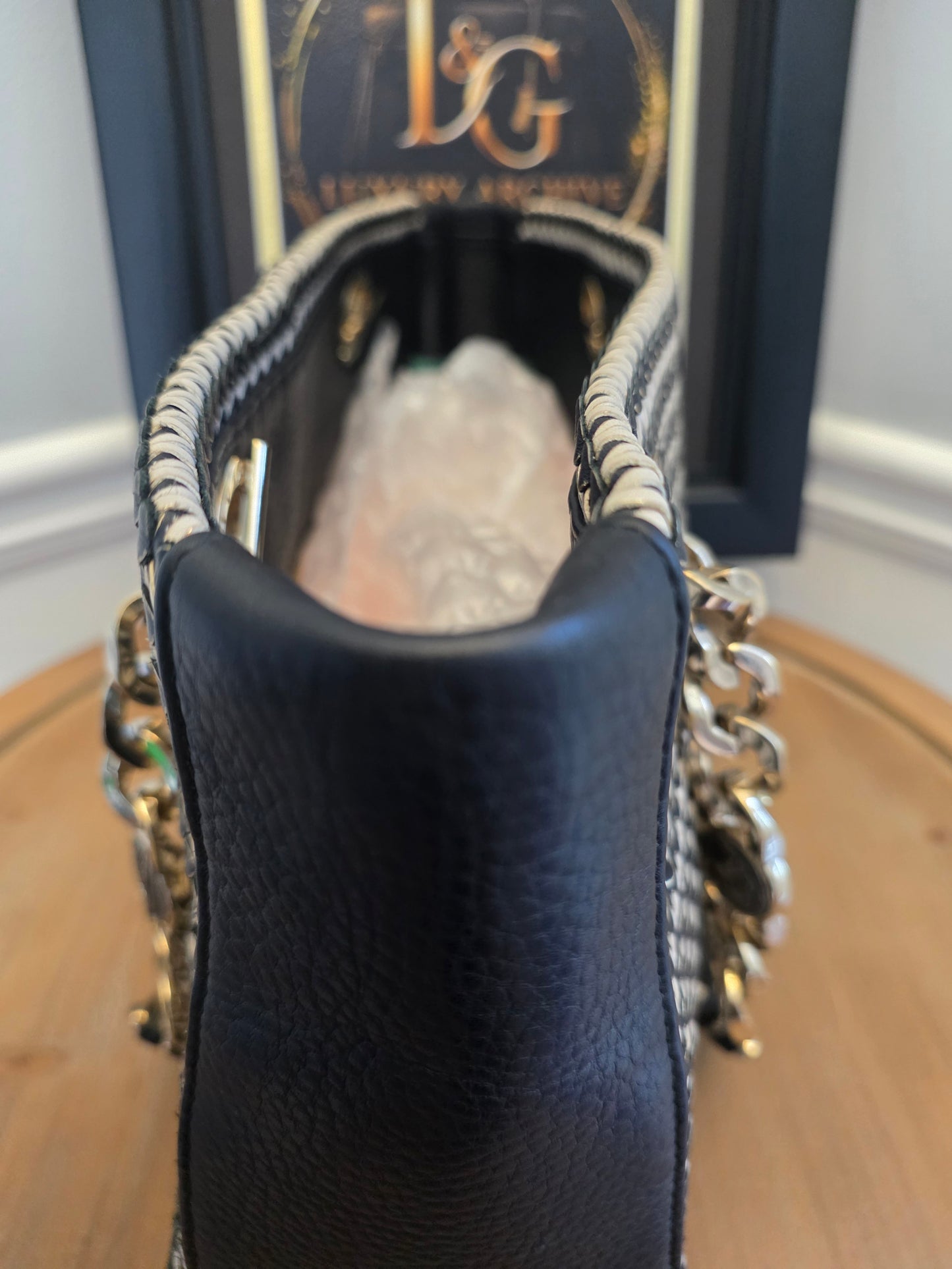 Authentic BVLGARI Black & White Woven Leather Chain Tote | Made in Italy | Luxury Shoulder Bag