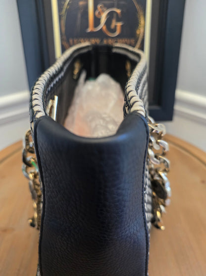 Authentic BVLGARI Black & White Woven Leather Chain Tote | Made in Italy | Luxury Shoulder Bag