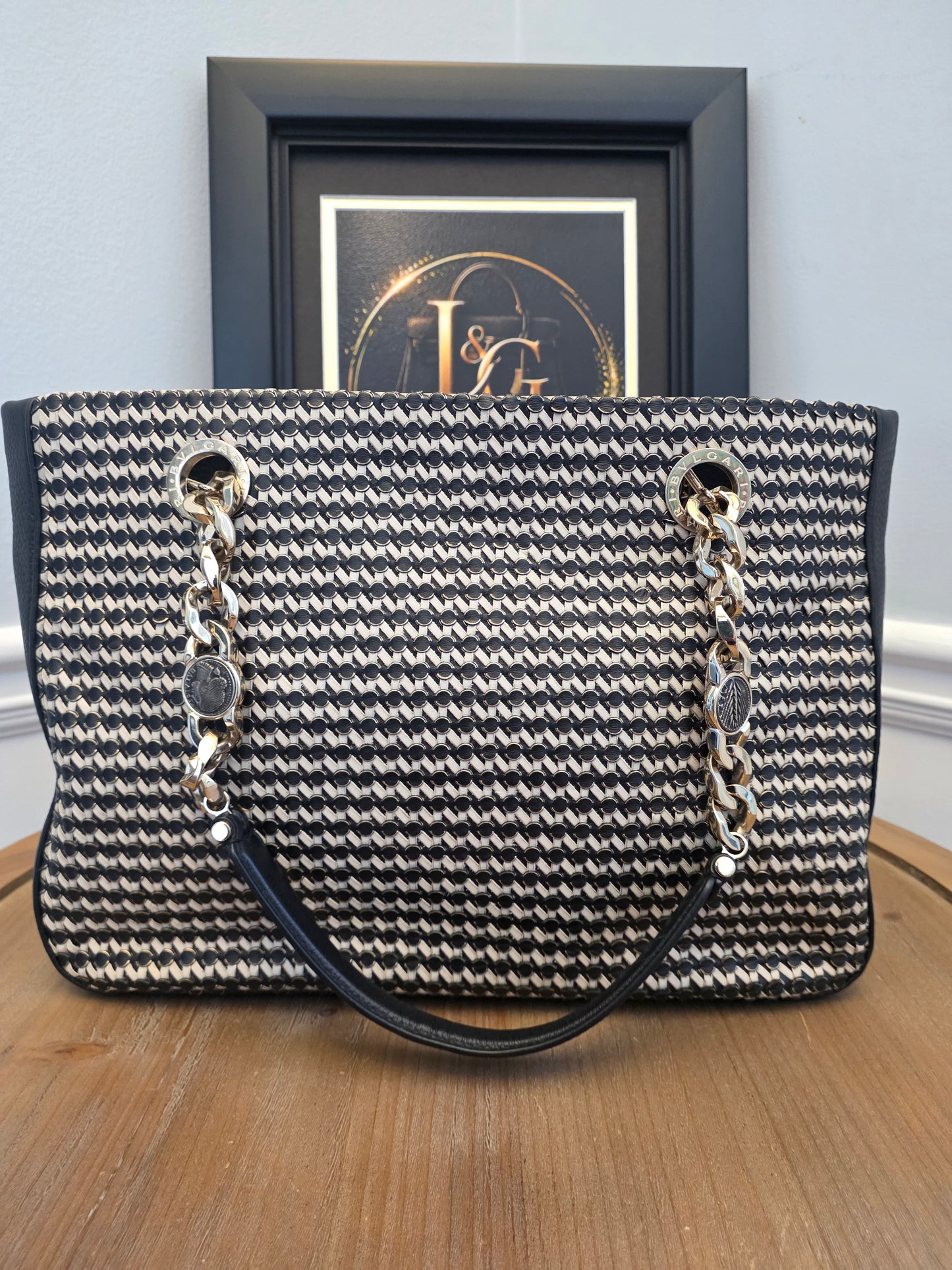 Authentic BVLGARI Black & White Woven Leather Chain Tote | Made in Italy | Luxury Shoulder Bag