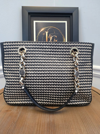 Authentic BVLGARI Black & White Woven Leather Chain Tote | Made in Italy | Luxury Shoulder Bag