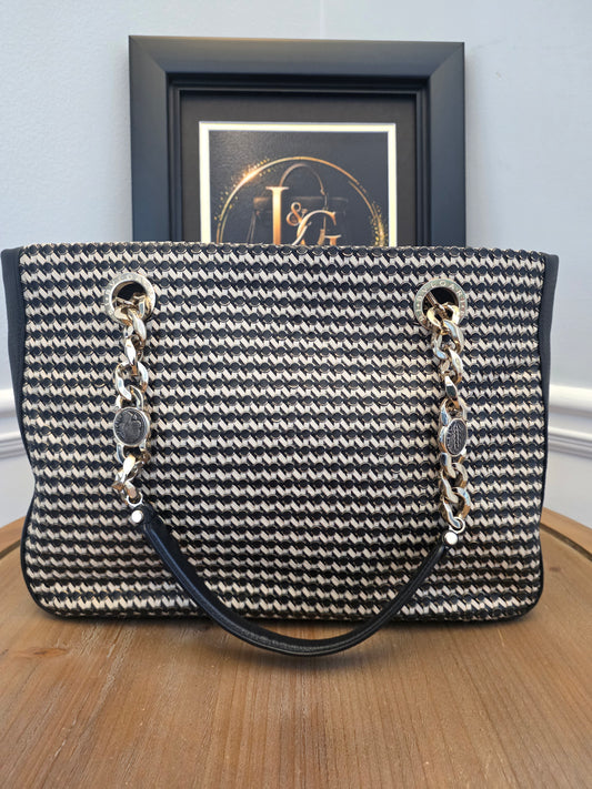 Authentic BVLGARI Black & White Woven Leather Chain Tote | Made in Italy | Luxury Shoulder Bag
