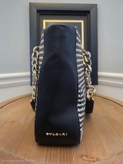Authentic BVLGARI Black & White Woven Leather Chain Tote | Made in Italy | Luxury Shoulder Bag