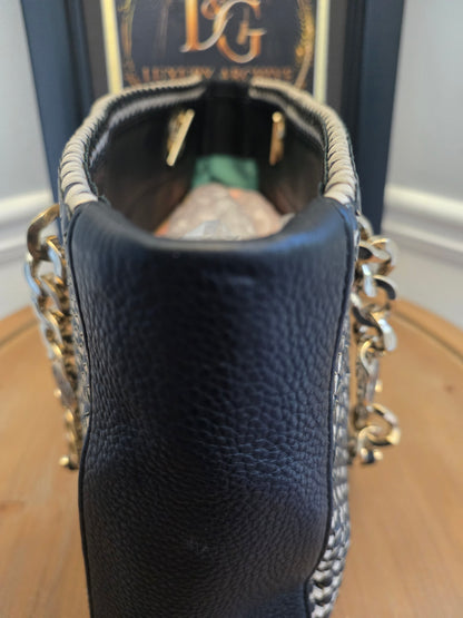 Authentic BVLGARI Black & White Woven Leather Chain Tote | Made in Italy | Luxury Shoulder Bag