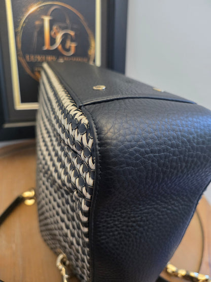 Authentic BVLGARI Black & White Woven Leather Chain Tote | Made in Italy | Luxury Shoulder Bag