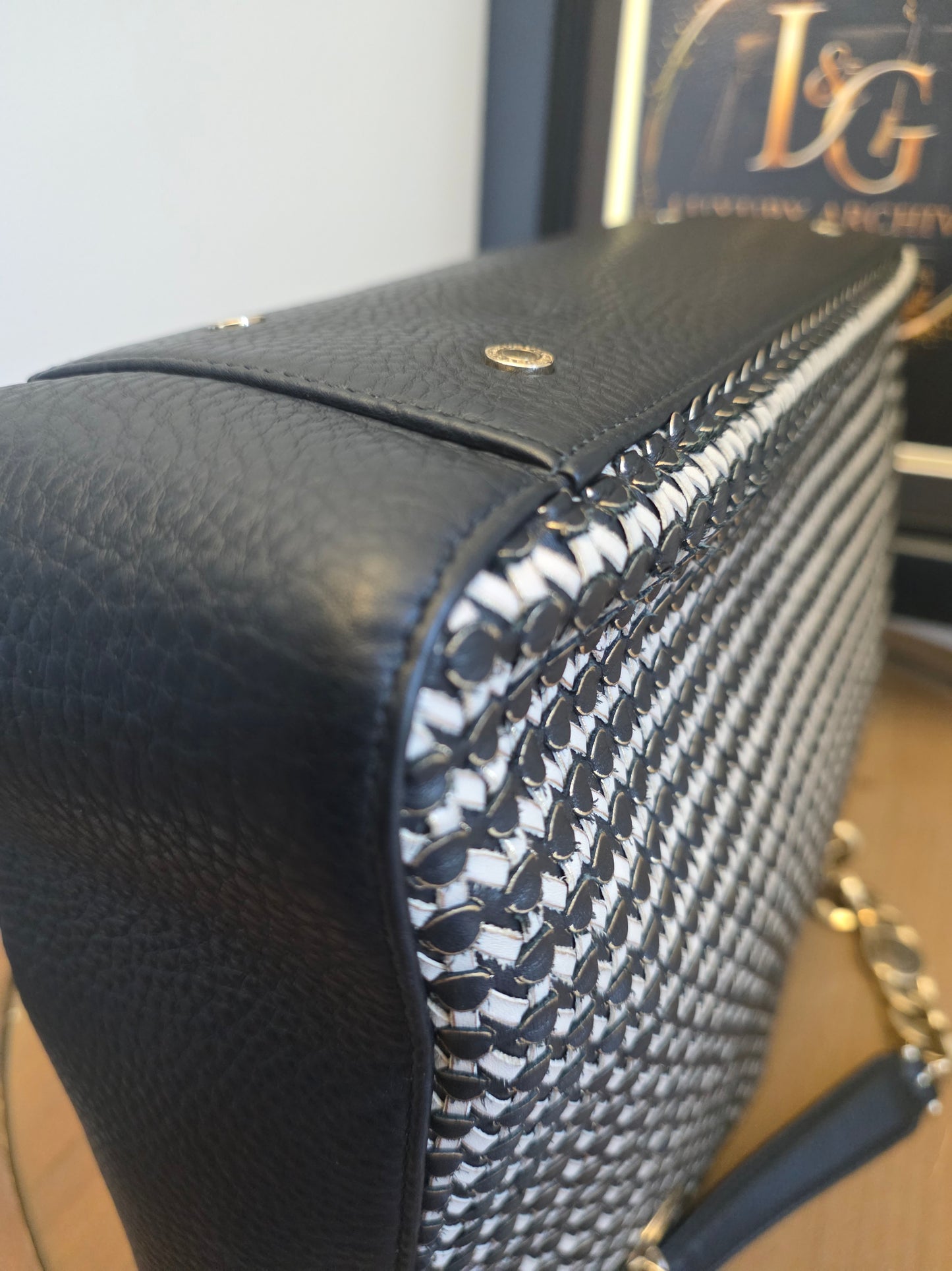 Authentic BVLGARI Black & White Woven Leather Chain Tote | Made in Italy | Luxury Shoulder Bag