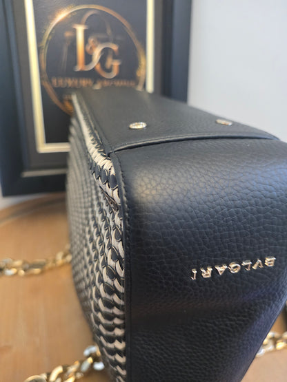 Authentic BVLGARI Black & White Woven Leather Chain Tote | Made in Italy | Luxury Shoulder Bag