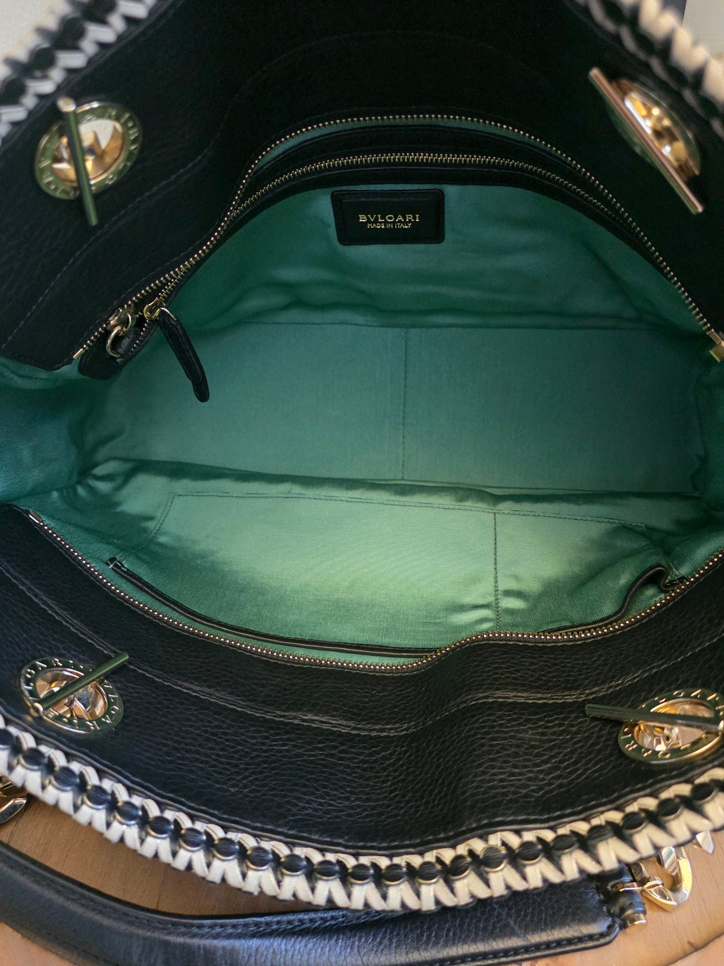 Authentic BVLGARI Black & White Woven Leather Chain Tote | Made in Italy | Luxury Shoulder Bag