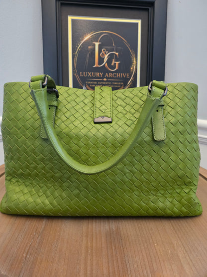 Authentic Bottega Veneta Large Roma Intrecciato Leather Tote Bag | Parakeet Green | Made in Italy