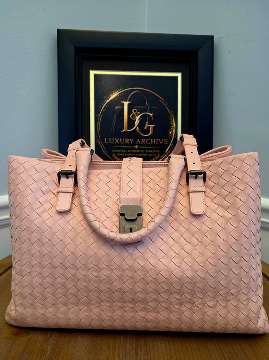 Authentic Bottega Veneta Large Roma Intrecciato Leather Tote Bag | Blush Pink | Made in Italy