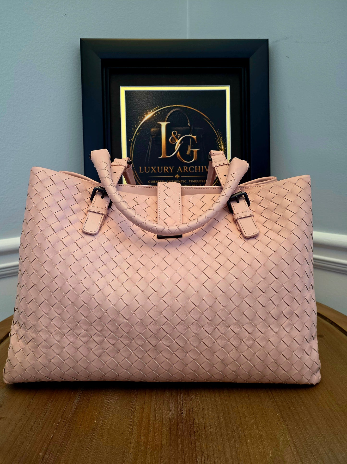 Authentic Bottega Veneta Large Roma Intrecciato Leather Tote Bag | Blush Pink | Made in Italy