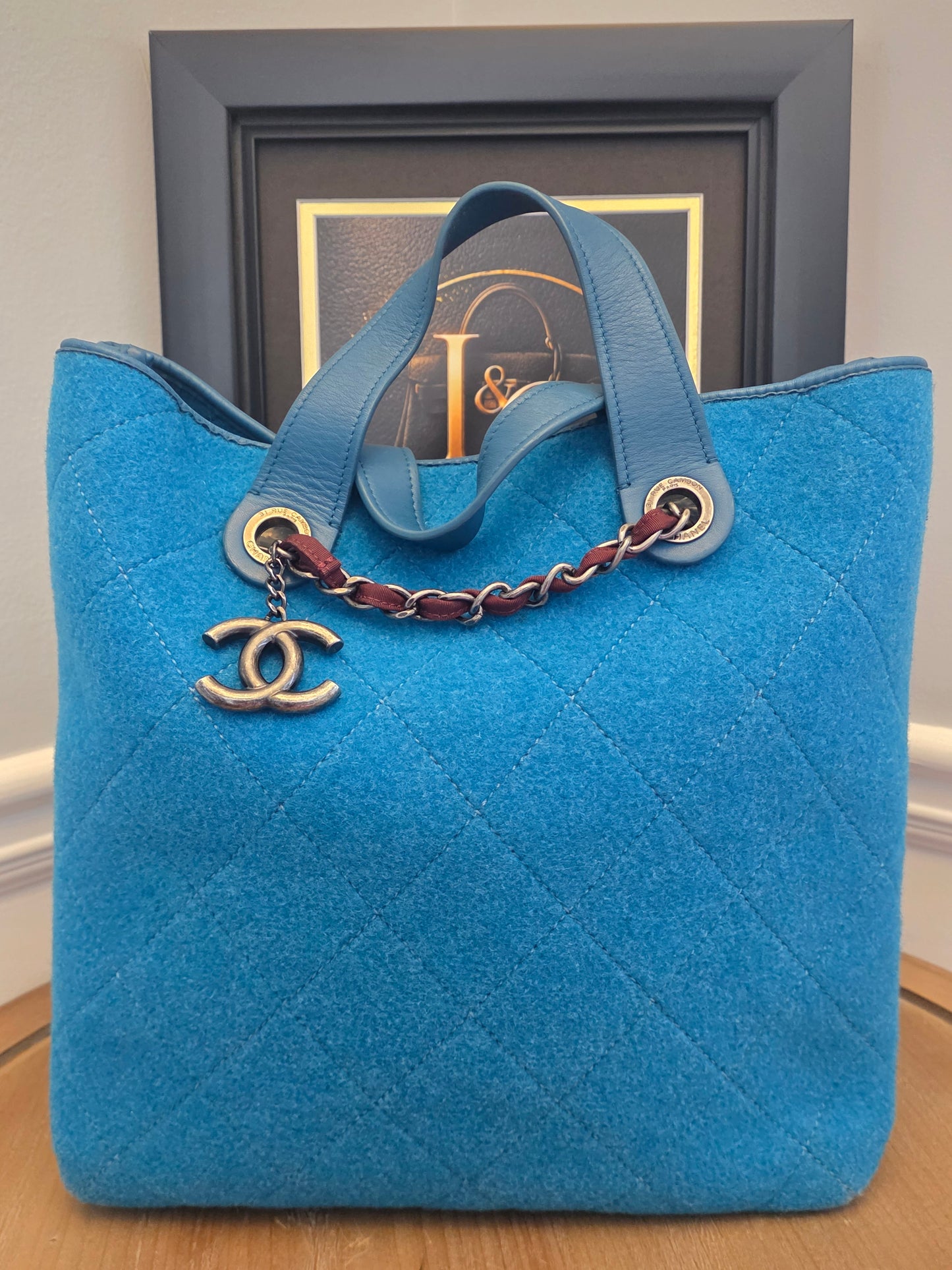 Chanel Blue Quilted Wool Felt Tote Bag with Chain Strap & CC Charm