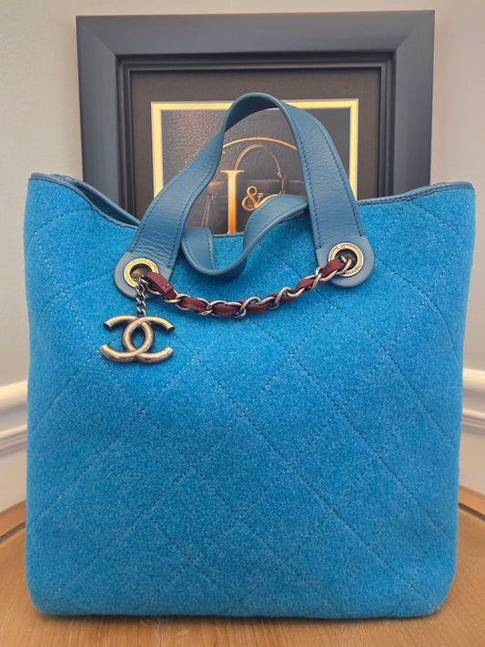 Chanel Blue Quilted Wool Felt Tote Bag with Chain Strap & CC Charm