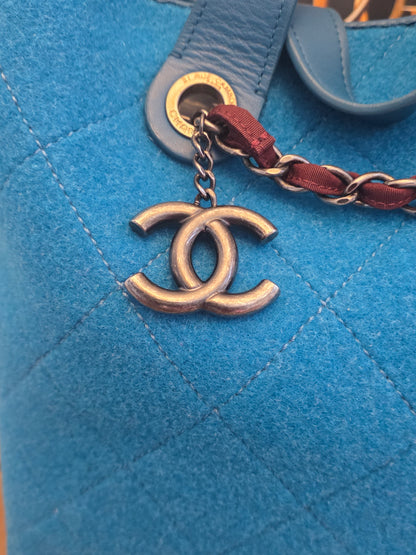 Chanel Blue Quilted Wool Felt Tote Bag with Chain Strap & CC Charm