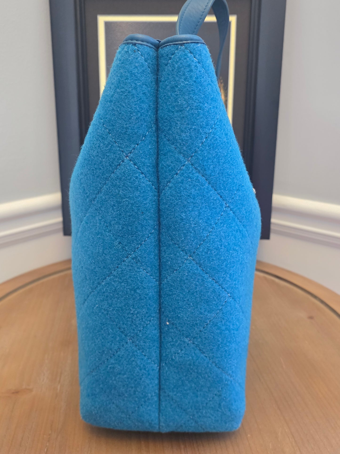 Chanel Blue Quilted Wool Felt Tote Bag with Chain Strap & CC Charm