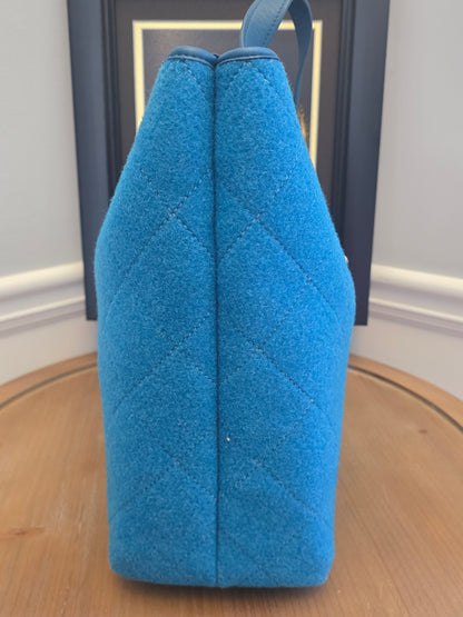 Chanel Blue Quilted Wool Felt Tote Bag with Chain Strap & CC Charm