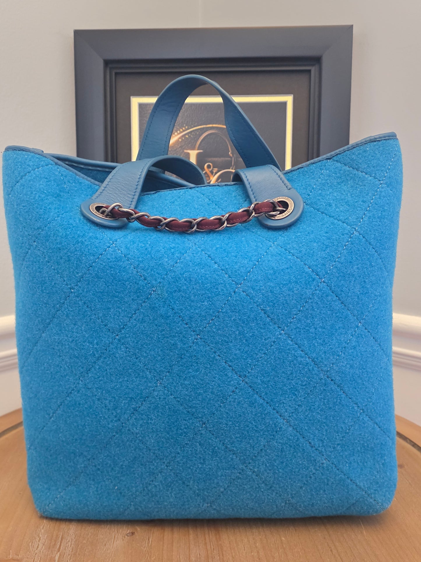 Chanel Blue Quilted Wool Felt Tote Bag with Chain Strap & CC Charm