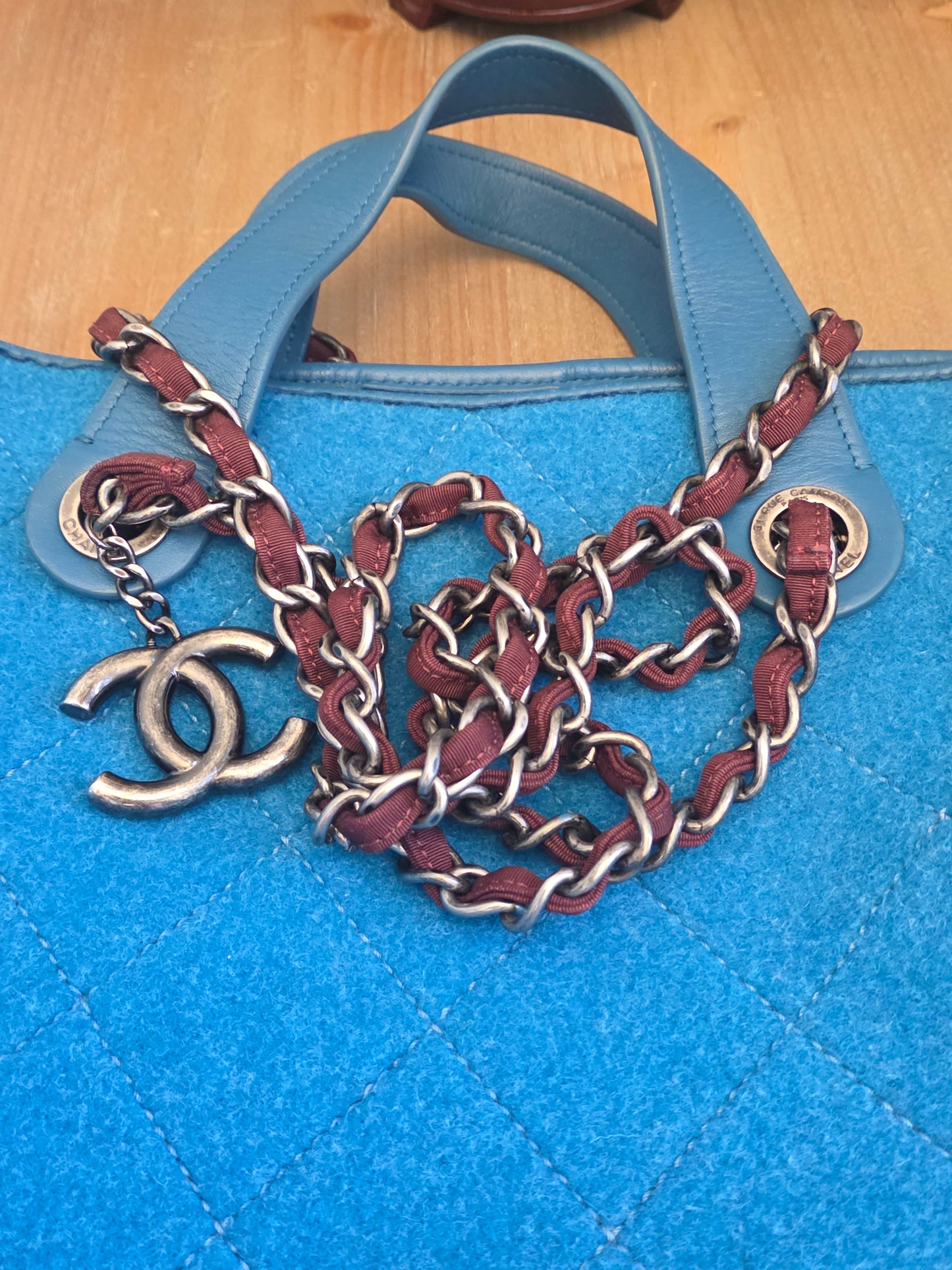 Chanel Blue Quilted Wool Felt Tote Bag with Chain Strap & CC Charm