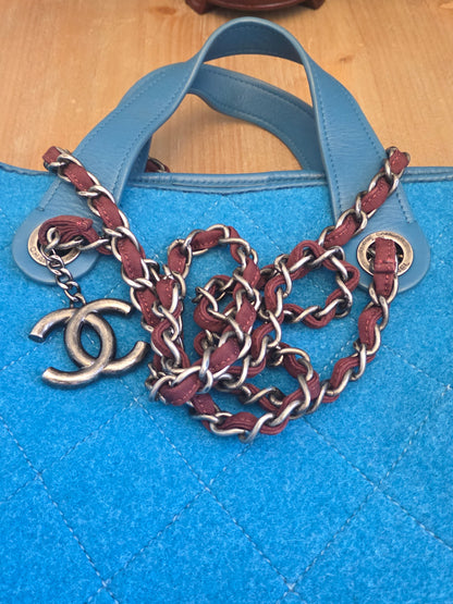 Chanel Blue Quilted Wool Felt Tote Bag with Chain Strap & CC Charm