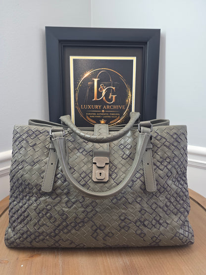 Authentic Bottega Veneta Large Roma Intrecciato Ricamo Tote | Olive Green & Plum Embroidery | Rare Limited Design | Made in Italy