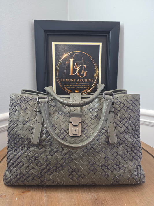 Authentic Bottega Veneta Large Roma Intrecciato Ricamo Tote | Olive Green & Plum Embroidery | Rare Limited Design | Made in Italy