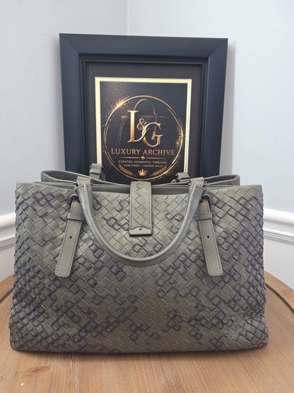Authentic Bottega Veneta Large Roma Intrecciato Ricamo Tote | Olive Green & Plum Embroidery | Rare Limited Design | Made in Italy