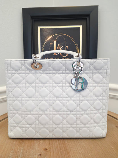 Christian Dior Lady Dior Large Light Gray Cannage Quilted Leather Tote Bag Silver Hardware