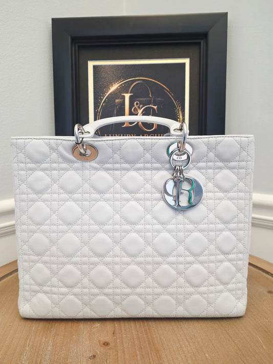 Christian Dior Lady Dior Large Light Gray Cannage Quilted Leather Tote Bag Silver Hardware