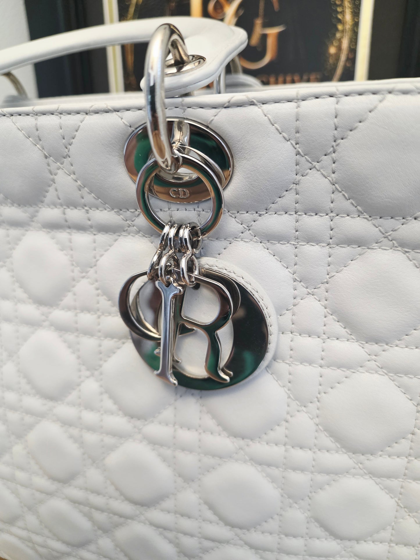 Christian Dior Lady Dior Large Light Gray Cannage Quilted Leather Tote Bag Silver Hardware