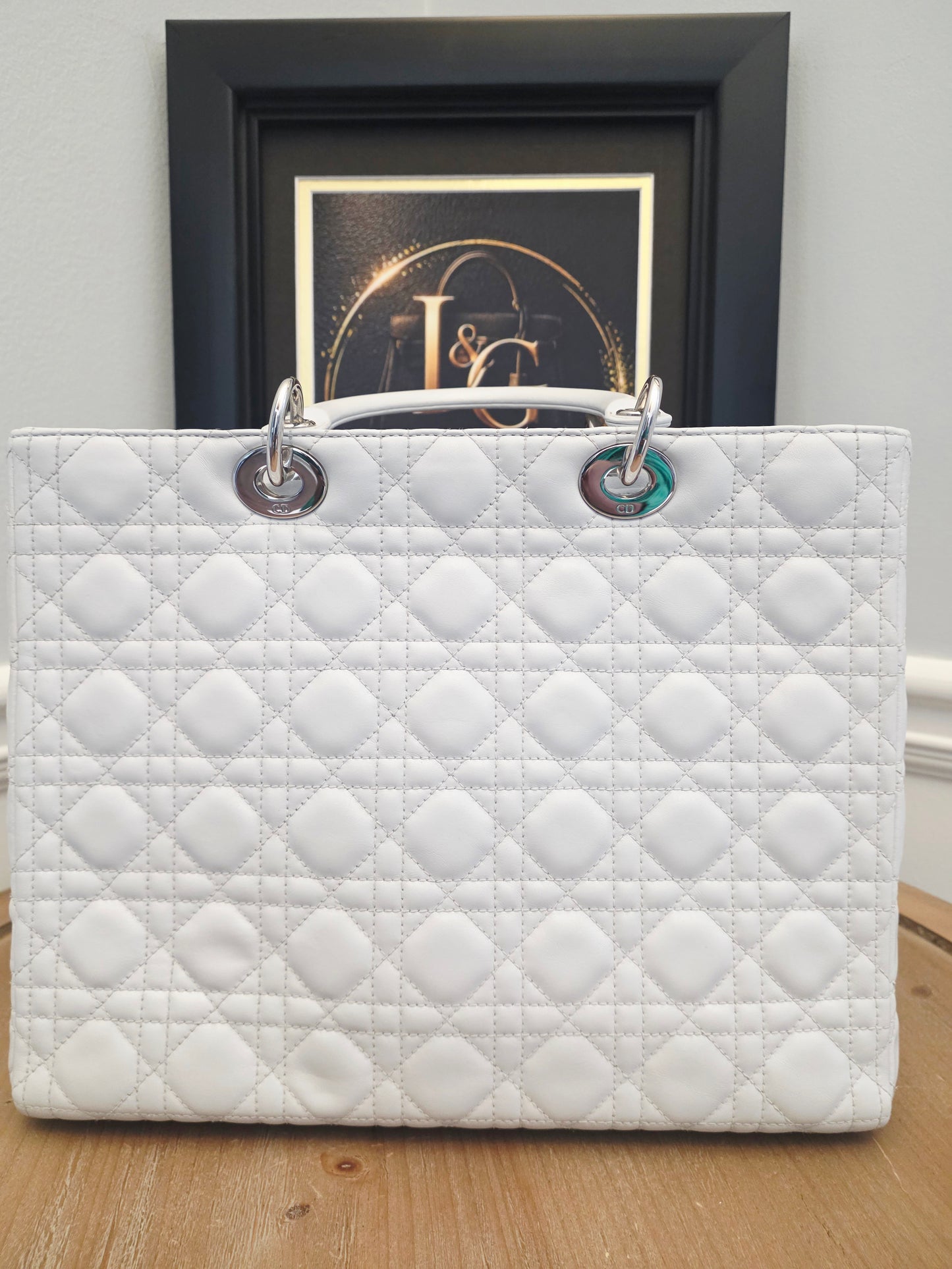 Christian Dior Lady Dior Large Light Gray Cannage Quilted Leather Tote Bag Silver Hardware