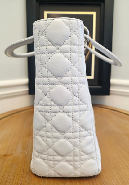 Christian Dior Lady Dior Large Light Gray Cannage Quilted Leather Tote Bag Silver Hardware