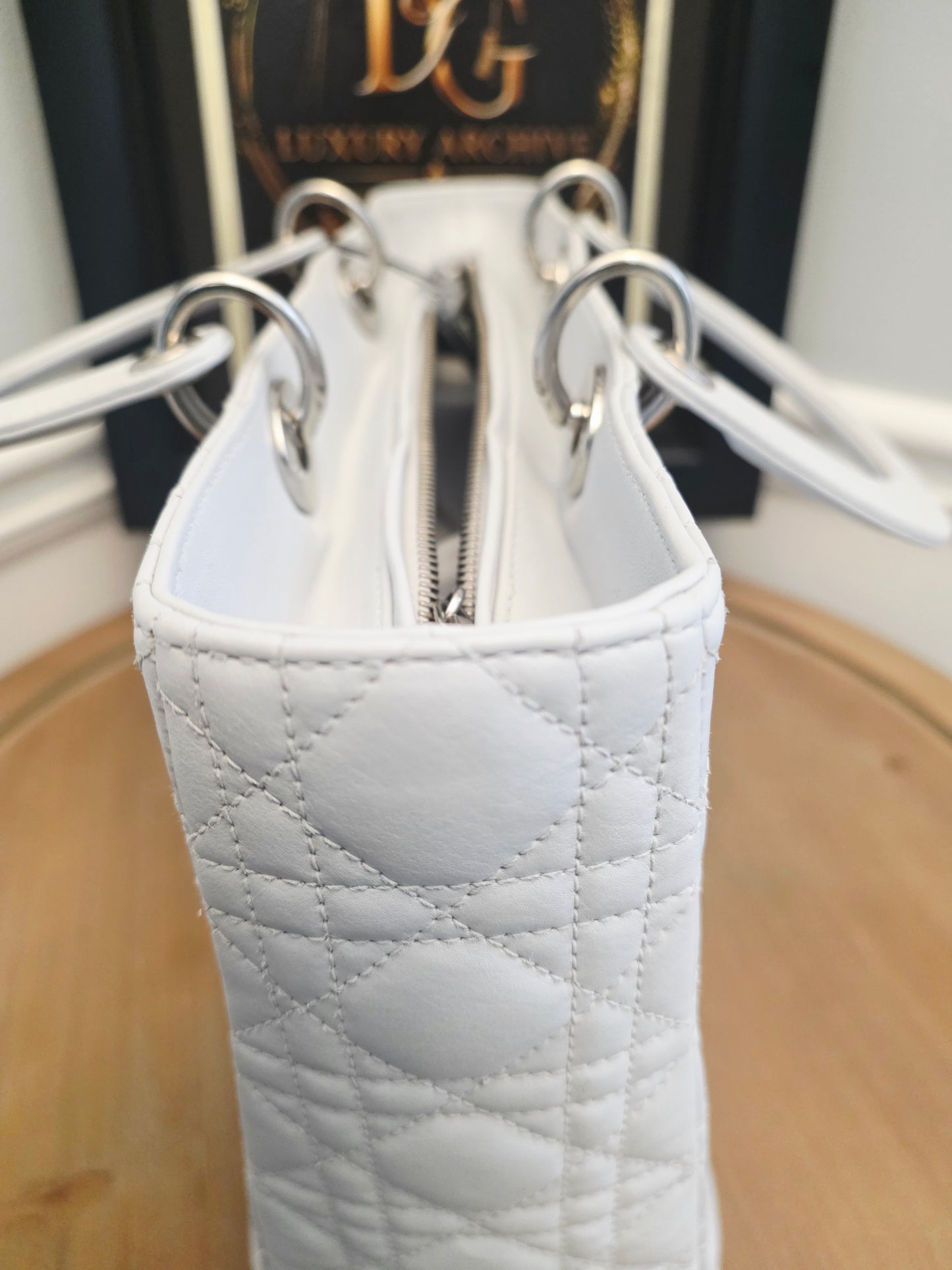 Christian Dior Lady Dior Large Light Gray Cannage Quilted Leather Tote Bag Silver Hardware