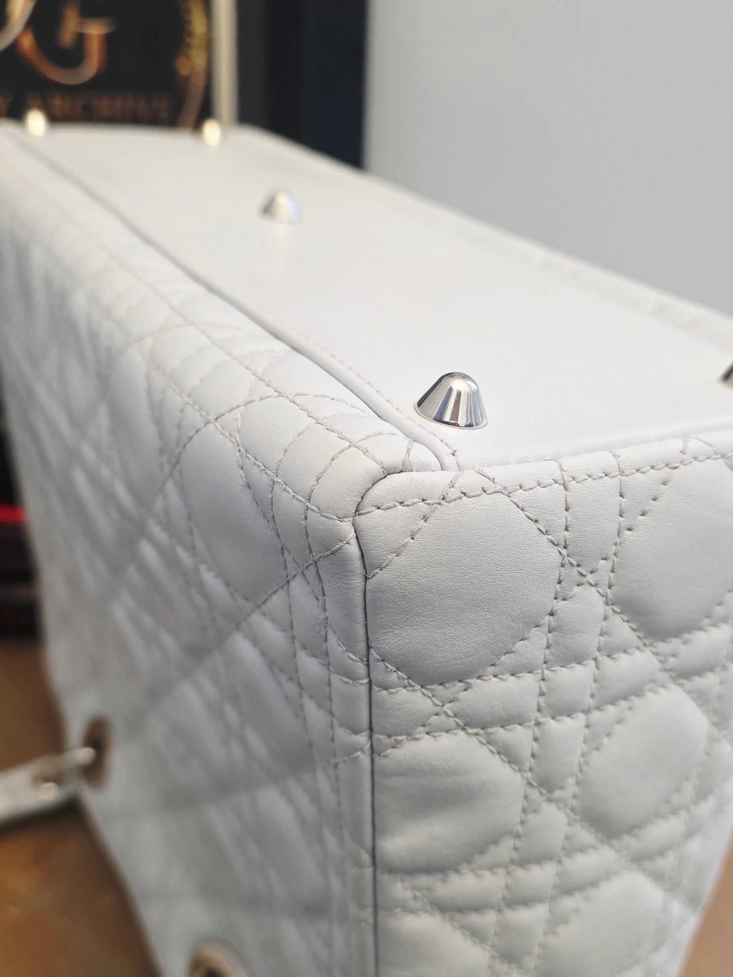 Christian Dior Lady Dior Large Light Gray Cannage Quilted Leather Tote Bag Silver Hardware