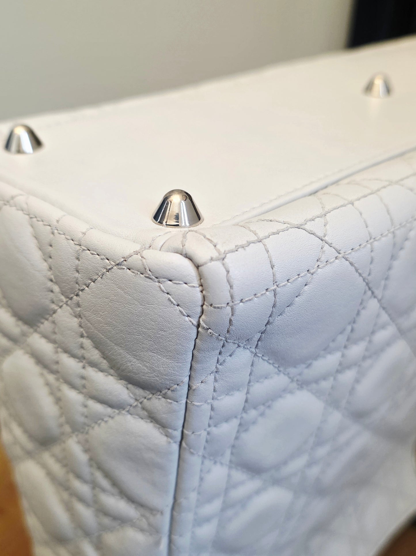 Christian Dior Lady Dior Large Light Gray Cannage Quilted Leather Tote Bag Silver Hardware