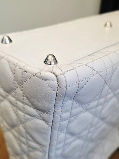 Christian Dior Lady Dior Large Light Gray Cannage Quilted Leather Tote Bag Silver Hardware