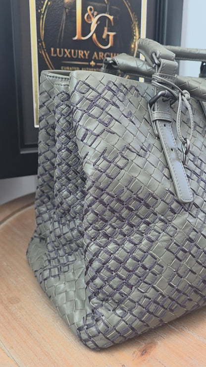 Authentic Bottega Veneta Large Roma Intrecciato Ricamo Tote | Olive Green & Plum Embroidery | Rare Limited Design | Made in Italy