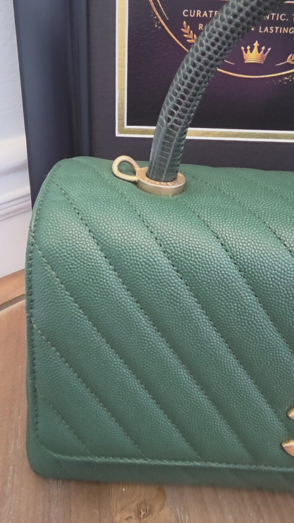Chanel Chevron Top Handle Flap Bag in Emerald Caviar Leather | Ruthenium Hardware