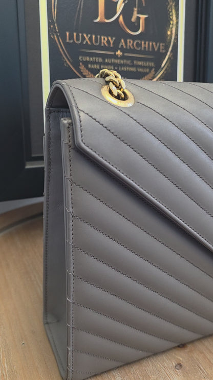 Saint Laurent Large Envelope Chain Shoulder Bag Grey Chevron Quilted Leather Gold Hardware Authentic