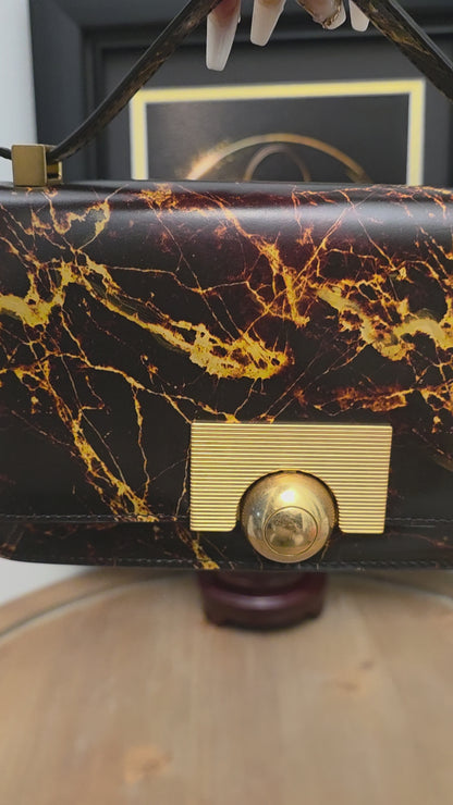 Rare Bottega Veneta Marble Print Leather Shoulder Bag Gold Sphere Hardware Italy