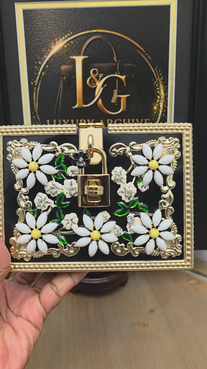 Dolce & Gabbana Floral Daisy Embellished Acrylic Box Clutch Minaudière Black & Gold