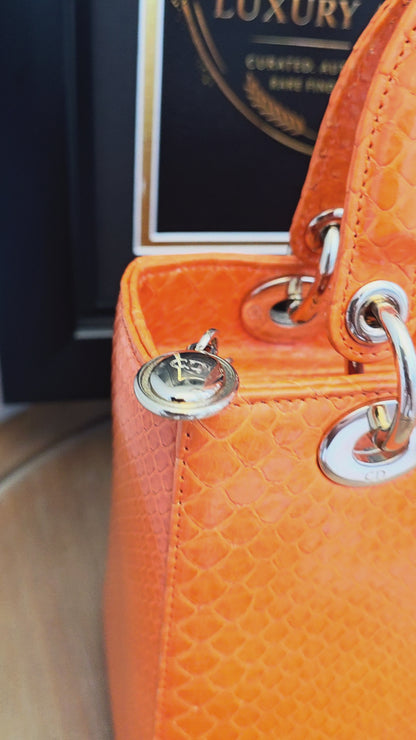 🧡 Christian Dior Medium Lady Dior Python Leather Bag in Orange with Silver Hardware & Strap