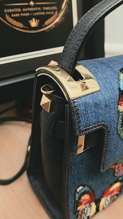 Valentino Garavani My Rockstud Denim Butterfly Embroidered Top Handle Bag Black Leather Gold Hardware