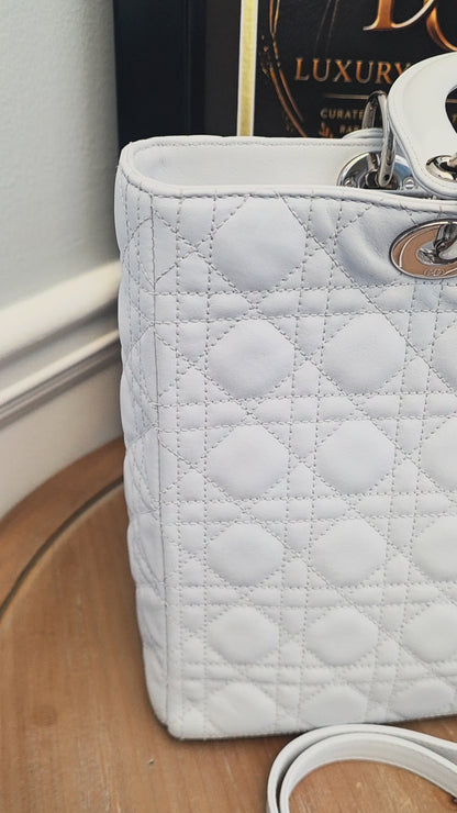 Christian Dior Lady Dior Large Light Gray Cannage Quilted Leather Tote Bag Silver Hardware