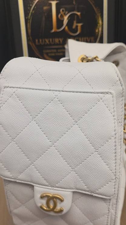 Chanel 25 White Quilted Caviar Leather Small/Medium Bucket Tote Bag Gold Hardware Full Set