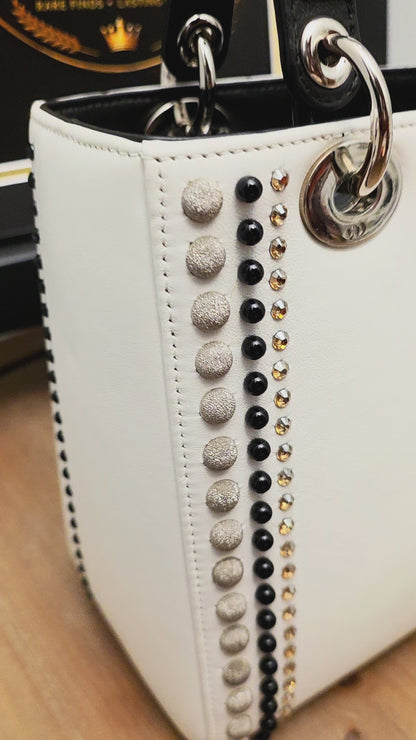 Christian Dior Diorissimo White & Black Leather Embellished Tote Bag with Silver Hardware, Strap, Charm & Authenticity Card