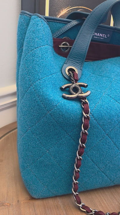 Chanel Blue Quilted Wool Felt Tote Bag with Chain Strap & CC Charm